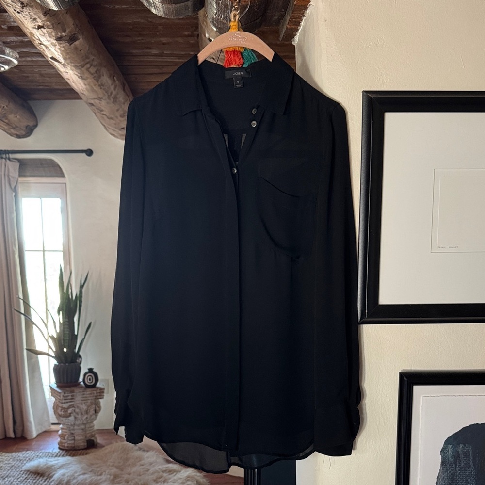 J. Crew Women’s Black 100% Silk Black Button Down Shirt. Size 10